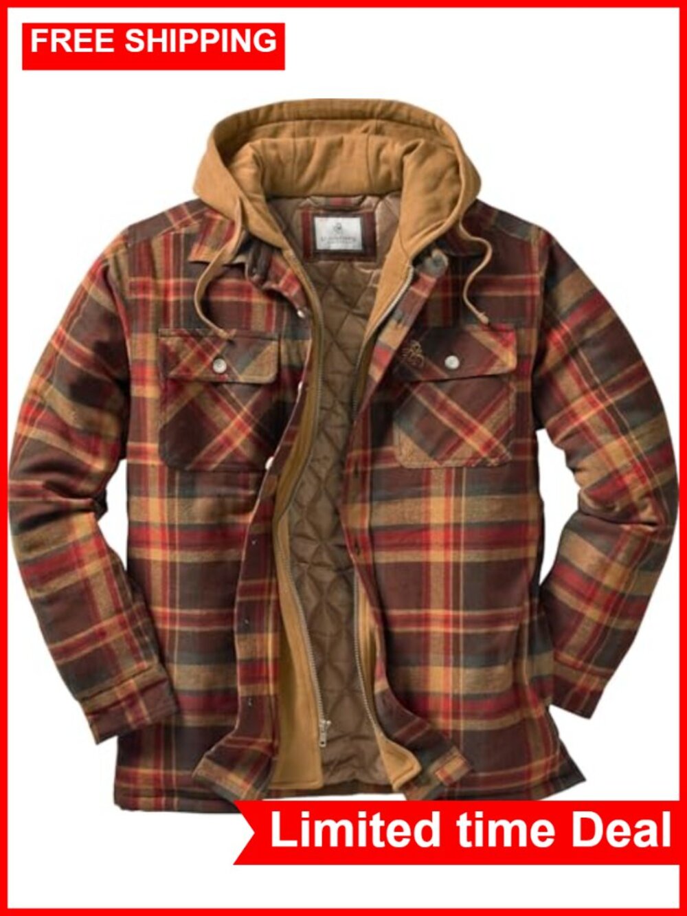 Men's Insulated Flannel Shacket with Hood, Cotton, Quilted
